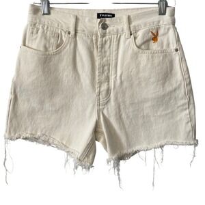 Playboy by PacSun Women Cream High Waisted Raw Hem Denim Shorts Sz 26 Buttonfly